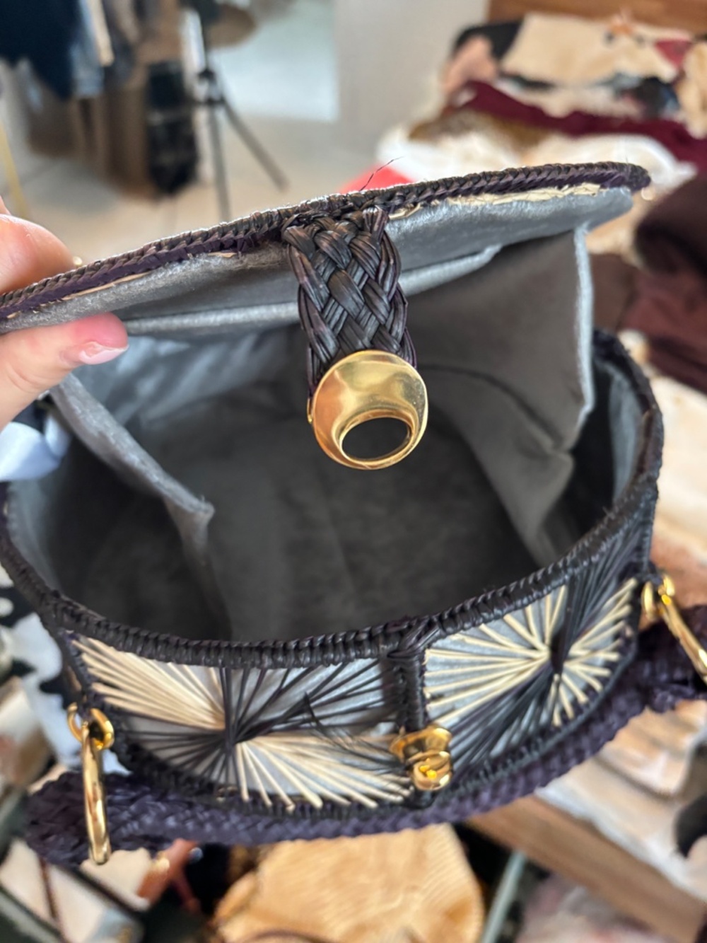 Woven Round Straw Top-Handle Bag - Black & Natural - Picture 6 of 7